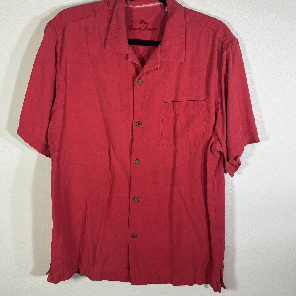 Tommy Bahama Mens L Red 100% Silk Hawaiian Camp Shirt Jacquard Short Sleeve